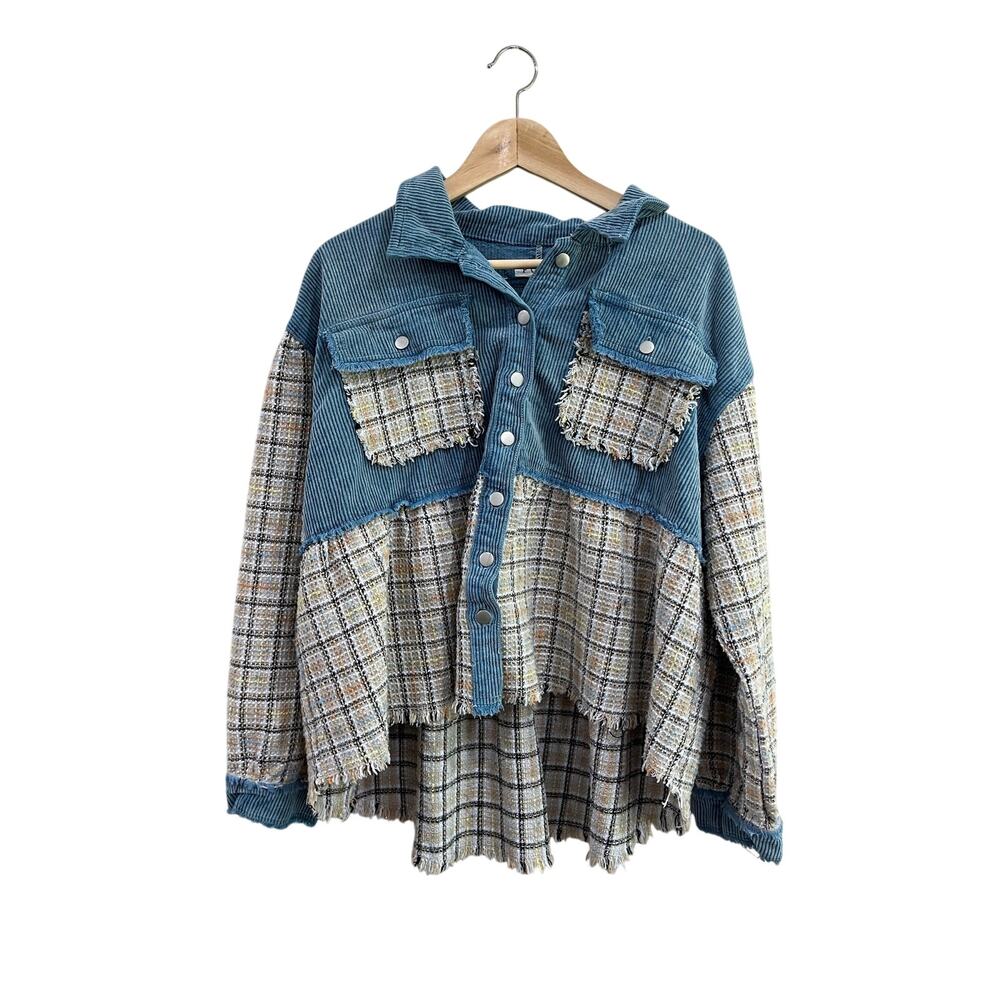 POL Plaid Corduroy Shacket Raw Hem Boho‎ Oversized Button Down Size L